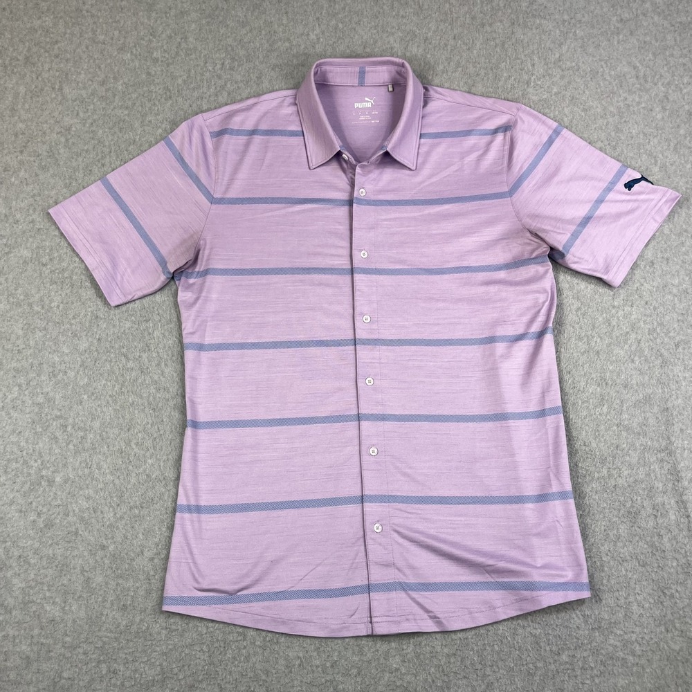 Puma Button Up Polo Shirt Mens Small Light Purple Stripe Stretch Golf *Flaw*